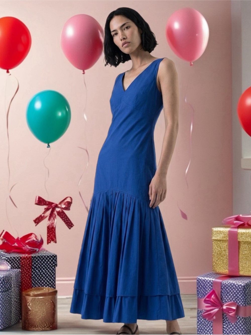 Callas Sculpted V-Neck Midi Dress in Deep Blue
